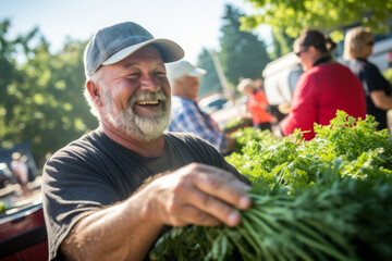 A cheerful senior farmer as they showcase their bountiful harvest at a bustling farmers' market - 739252815