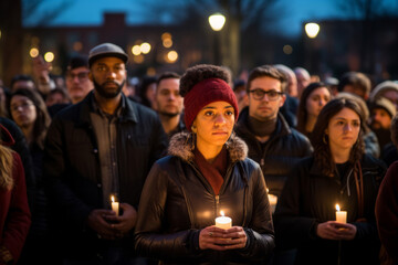 A dramatic view of candlelight vigil participants standing together in silence - 739252823