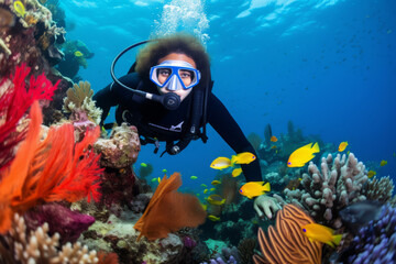 A close up view of a diver underwater, surrounded by marine life and vibrant coral reefs