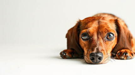 The studio portrait of bored dog dachshund lying isolated on white background with copy space for text.
