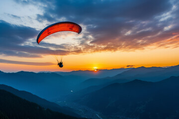 A dramatic sunset view of a paraglider soaring high above the mountains, with the orange sky in the background. Copy space - 739252835