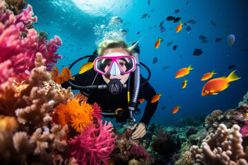 A close up view of a diver underwater, surrounded by marine life and vibrant coral reefs - 739252836