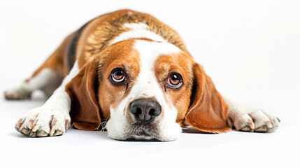 The studio portrait of bored dog beagle lying isolated on white background with copy space for text.