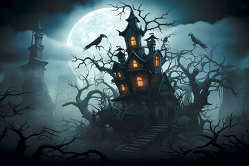A halloween illustration of old mansion atop a hill, shrouded in mist and surrounded by twisted trees, with ravens