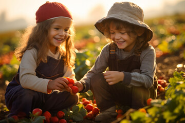 A heartwarming view of children picking strawberries in a sunlit field - 739252863