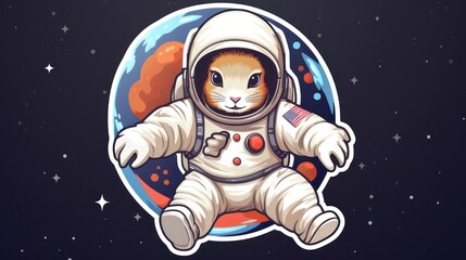 Cartoon illustration of a cute rabbit bunny astronaut surfing in space, science themed fun for kids.
