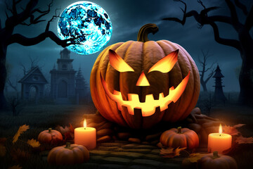 A halloween illustration of jack-o'-lantern grinning under the moonlight, with eyes glowing  an eerie light, surrounded by autumn trees, pumpkins and candles