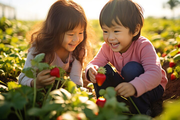 An asian children picking strawberries in a sunlit field - 739252868