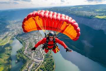 Aerial view of a skydiver with a parachute, against a natural landscape below - 739252875