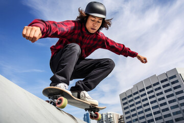 Dynamic view of a young skateboarder performing a daring trick in an urban skate park - 739252876