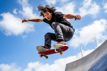 Dynamic view of a young skateboarder performing a daring trick in an urban skate park - 739252877