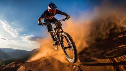 Dynamic view of a biker, riding down the mountain on a bicycle, through the rugged trail - 739252890