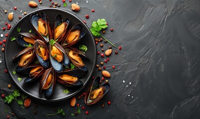 Mussels on a dark background top view.