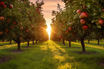 A picturesque rural scene of a sun-kissed apple orchard during harvest season, with trees laden with ripe fruits - 739253013