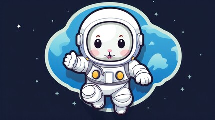 Fototapeta premium Cartoon illustration of a cute rabbit bunny astronaut surfing in space, science themed fun for kids.