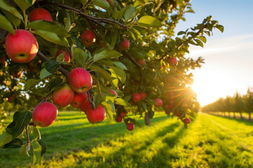 A picturesque rural scene of a sun-kissed apple orchard during harvest season, with trees laden with ripe fruits - 739253025
