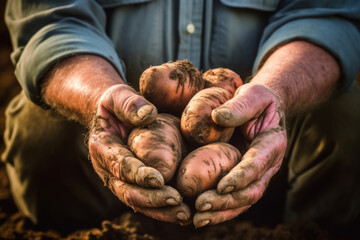 A farmer's hands holding freshly dug potatoes - 739253033