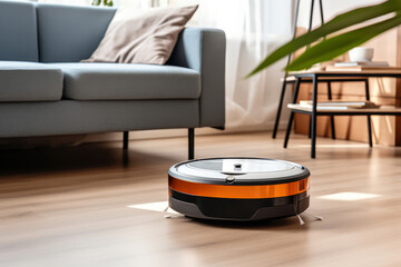 Robotic vacuum cleaner cleans the floor in the modern living room in the apartment. Shallow depth of field, blurred background - 739253051