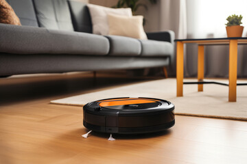 Robotic vacuum cleaner cleans the floor in the modern living room in the apartment. Shallow depth of field, blurred background - 739253053