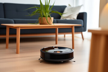 Robotic vacuum cleaner cleans the floor in the modern living room in the apartment. Shallow depth of field, blurred background - 739253063