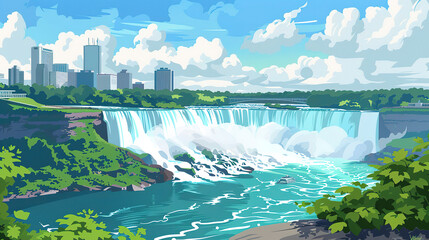 Beautiful scenic view of niagara falls in new york in vector art style illustration.