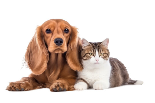 A cute cat and dog next to each other, friendship concept, isolated on a transparent background
