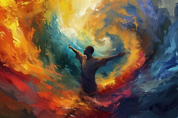 Digital illustration of a person surrounded by a swirling storm of colors, representing the tumultuous emotions within, such as passion, anger, and elation