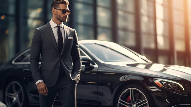 Businessman standing next to his luxury car, rich businessman corporate lifestyle, business success concept, successful Entrepreneur business life