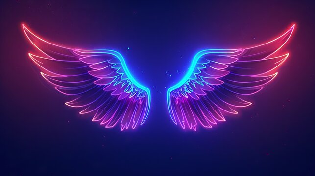Flat design vector-style image of devil wings on black background made of neon light