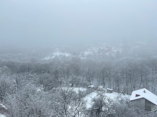 Panoramic view from above of a cottage settlement and forest in the mountains on a foggy winter morning