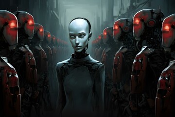 A unique android with glowing eyes stands out among inactive robots. Concept Science Fiction, Android Character, Glowing Eyes, Futuristic Setting, Robots - obrazy, fototapety, plakaty