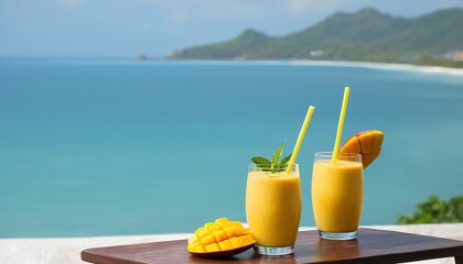 Iced drinking glass with mango smoothies and sea ocean view