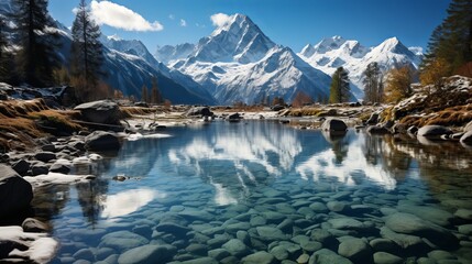 Fototapeta na wymiar Snow-capped mountains reflected in a crystal-clear alpine lake, vibrant colors, emphasizing the pristine and untouched beauty of high-altitude landsca
