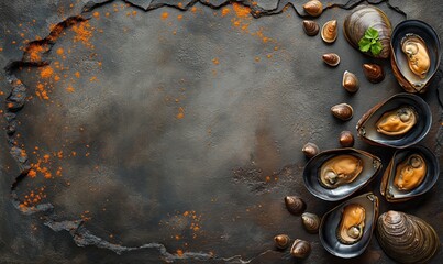 Mussels on a dark background top view.