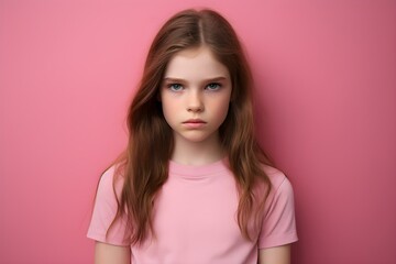 Fototapeta premium Portrait of a sad young girl against a simple pink backdrop. Concept Portrait Photography, Sad Emotions, Young Girl, Pink Backdrop, Simple Setup