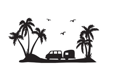 camping car with trailer and fir trees vector silhouette