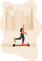 Man riding scooter in Dubai city. Travel illustration