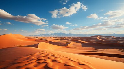 Vast desert landscape at sunrise, the sun casting a soft, warm glow over endless sand dunes, the tranquility and expanse of the arid environment, Phot