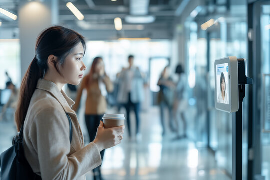 Young Asian woman using facial recognition for secure access