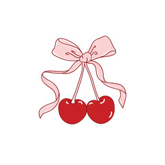 Cherry and bow coquette vector, hand drawn red cherry