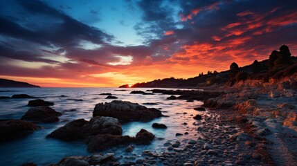 Fototapeta premium Long exposure of a beach at twilight, smooth water and a sky streaked with colors, peaceful and dreamy seascape, Photography, long exposure for a silk