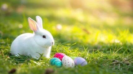 White Rabbit and Eggs on the Grass