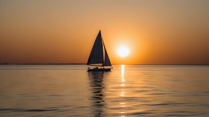 A lone sailboat peacefully gliding across the horizon as the sun sets behind it.