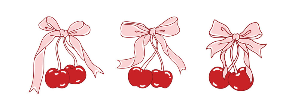 Cherry and bow coquette vector, hand drawn red cherry
