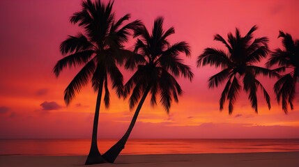 Silhouettes of palm trees against a fiery orange and pink sky during sunset on a tropical beach. - Powered by Adobe