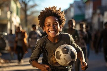 Young african american boy with soccer ball standing on bustling city street, showcasing his love...