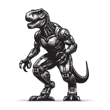 hand drawn art style mechanic robot t-rex vector illustration