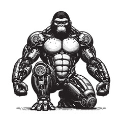 cyborg robot gorilla with mechanic futuristic hand drawn art style vector illustration