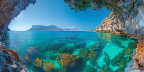 Picturesque Mediterranean summer landscape with turquoise water and rocks. - obrazy, fototapety, plakaty