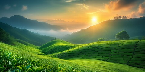 The picturesque tea plantations of rural Asia, where lush green hills meet the morning mist to create breathtaking scenery. - obrazy, fototapety, plakaty